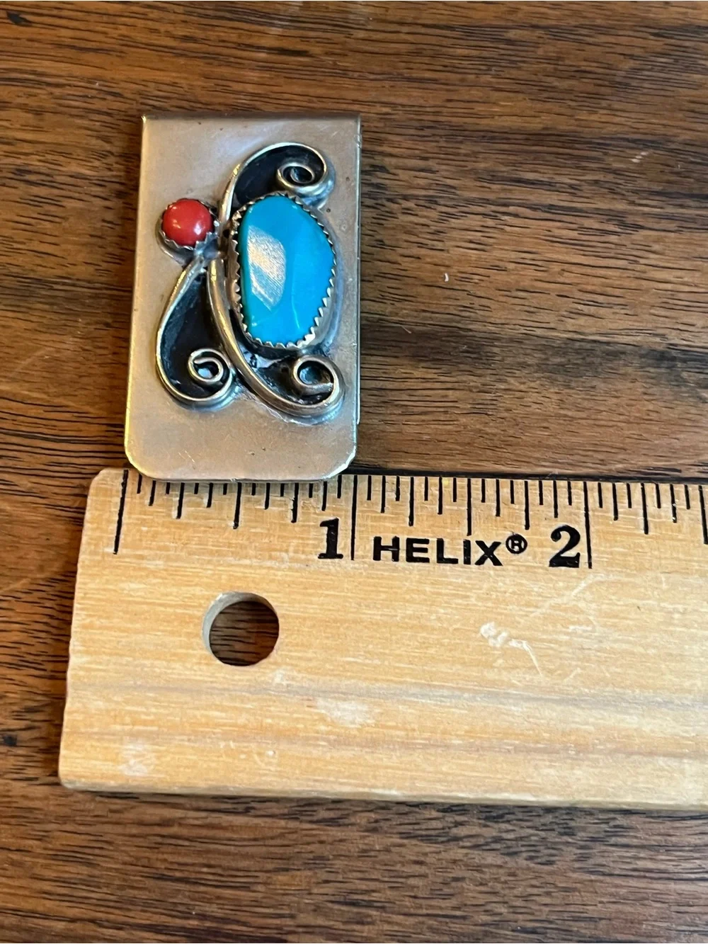 Vintage Sterling Silver Money Clip with Turquoise and Coral Stones